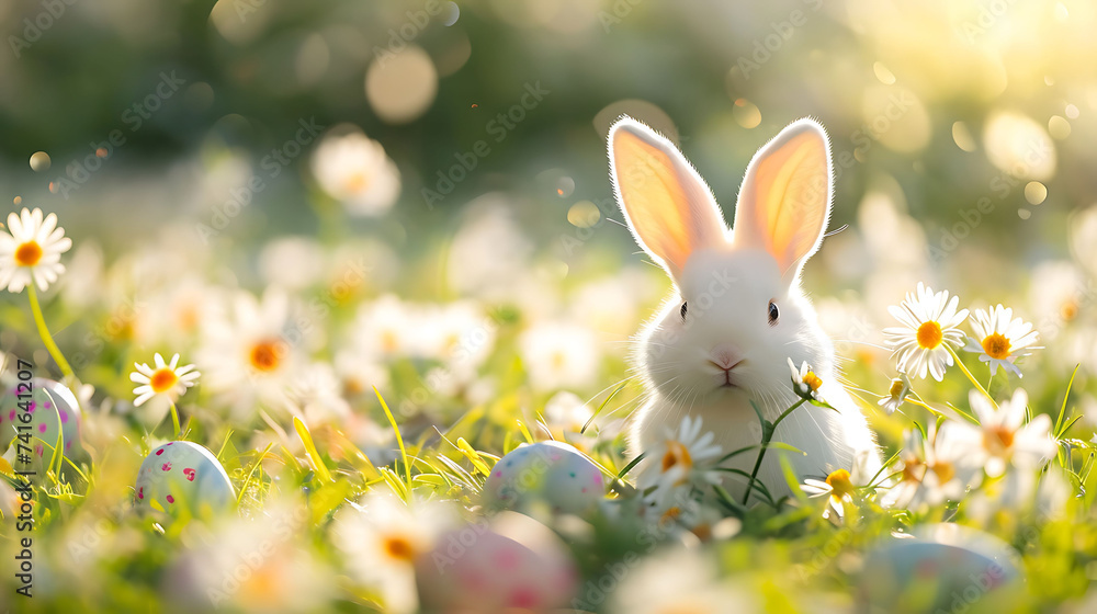 Easter Eggs in a flower field with white bunny Easter Eggs in a flower field with white bunny