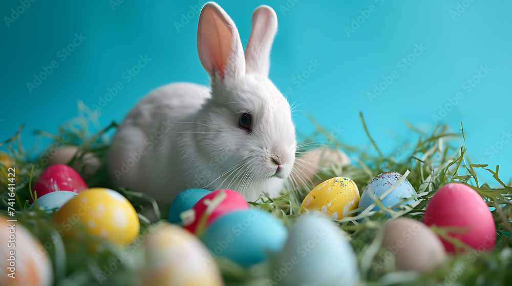 Easter Eggs with white bunny on pastel background Easter Eggs with white bunny on pastel background