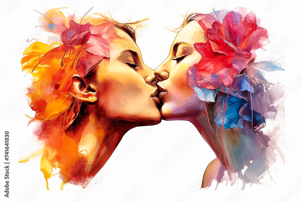 A painting of two women kissing with flowers in their hair