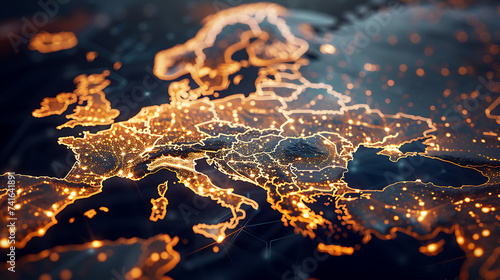 A digital map of Western Europe adorned with luminous pathways, representing the region's central role in the global exchange of goods and ideas photo