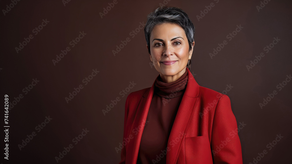 Middle Eastern woman in 50s, black-gray hair, red jacket