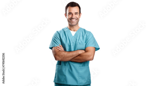 Happy male nurse or doctor in scrubs with his arms crossed
