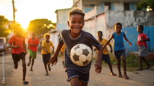 Joyful children playing street soccer at sunset, radiating pure happiness © Robert Kneschke