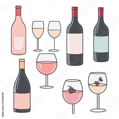 Illustration of various wine bottles and glasses showcasing red, rosé, and white wines with a simple, artistic design.