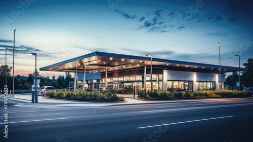 Exterior of modern German gas station on a calm evening photo