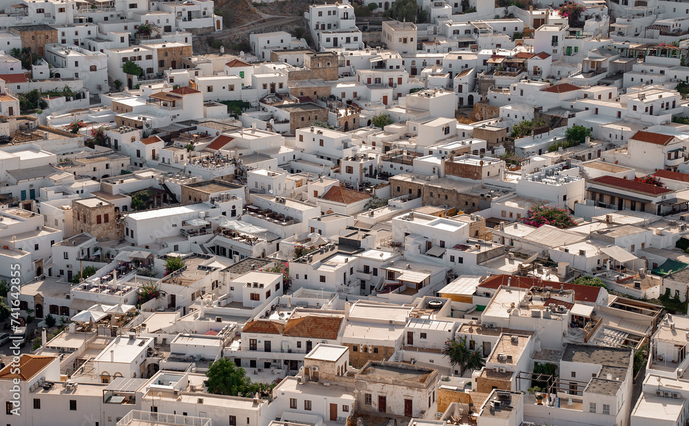 Snow-white roofs of the city of Lindos, Rhodes island, Greece.