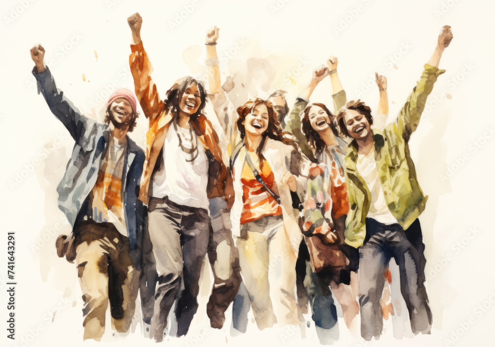 Group of joyful friends celebrating in a watercolor illustration
