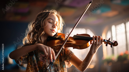 Young girl playing violin with passion in golden hour light
