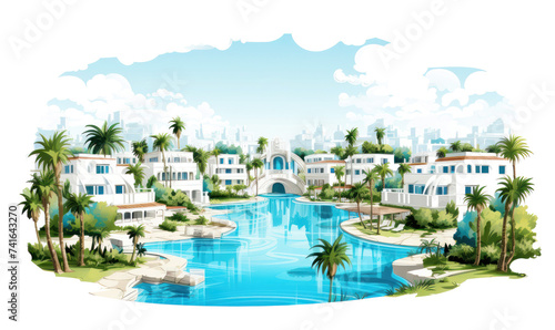 Luxurious tropical resort with white villas and palm trees overlooking a cityscape