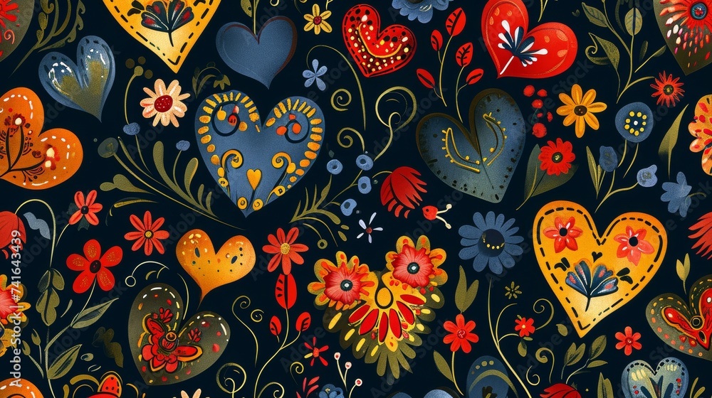Naklejka premium Seamless template with hearts and flowers