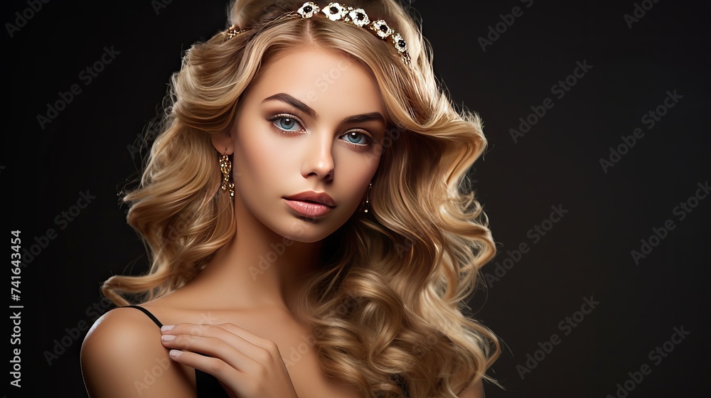 Fototapeta premium Fashion portrait of young beautiful woman with jewelry and elegant hairstyle. Blonde girl with long wavy hair. Perfect make-up. Beauty style woman with diamond accessories