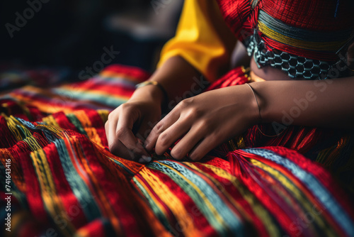 Artisan woman weaving vibrant textile by hand. Traditional craftsmanship.