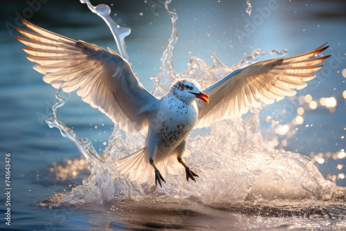 Seagull taking off from water surface with splashes. Wildlife and nature.