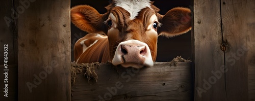 A cow trapped in a gate, looking confused and immobile. Concept Farm Animals, Animal Rescue, Unusual Situations photo