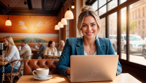 Hermosa mujer rubia sentada en un restaurante usando una laptop