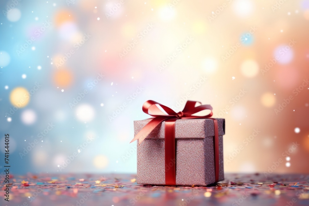 Close up colored gift box on light blurred background. Birthday, anniversary, Christmas and New Year celebration concept.
Close up colored gift box on light blurred background. Birthday, anniversary, Christmas and New Year celebration concept.
