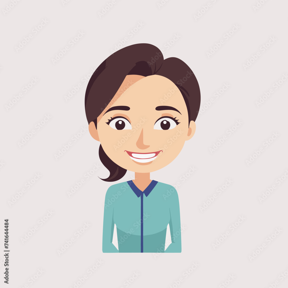 Smiling cartoon woman with brown hair in a teal shirt, expressing happiness and friendliness against a neutral background. Smiling cartoon woman with brown hair in a teal shirt, expressing happiness and friendliness against a neutral background.