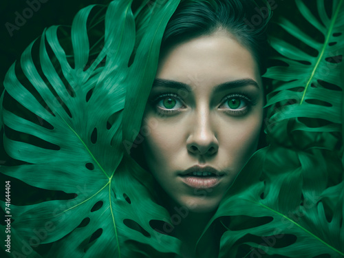 Model in Tropical leaves with studio background scene