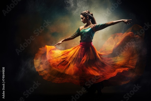 Expressive Kathak: An Indian Dancer, Adorned in Vibrant Traditional Attire, Unleashes Raw and Confrontational Moves, Creating an Explosive Performance with Intense Drama and Elegance.

 photo