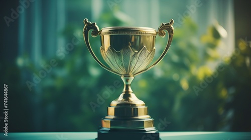 Trophy cup on green background with copy space for your text.