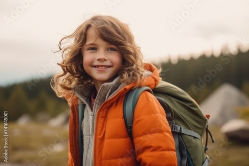 Portrait of cute little girl with backpack looking at camera in mountains