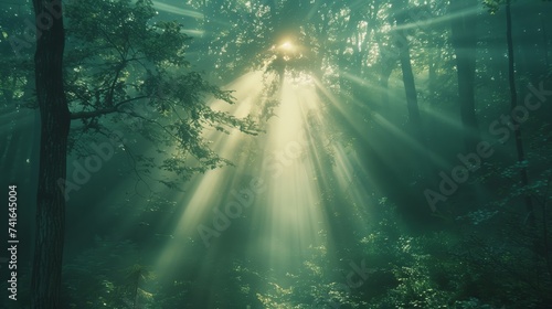 Peaceful scenery of sunlight streaming through the verdant canopy of a dense forest, highlighting the tranquility and beauty of the natural world.