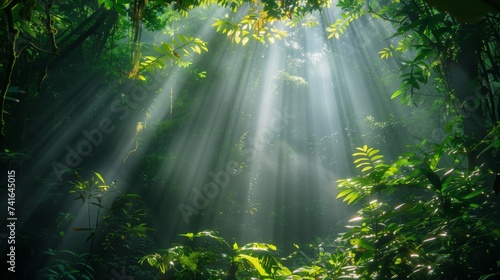 Peaceful scenery of sunlight streaming through the verdant canopy of a dense forest, highlighting the tranquility and beauty of the natural world.
