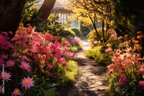 Sunlit flower garden path with pink blooms. Nature and tranquility.