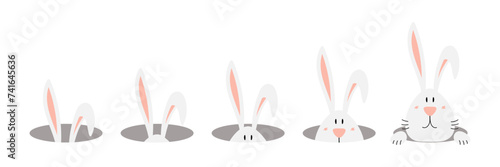 Cute Easter bunny, rabbit looking out of the hole illustration, horizontal border. Hand drawn cartoon character, isolated vector. Flat style design. Holiday clip art, card, banner, poster, element