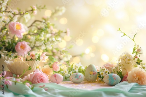 A beautifully decorated Easter table adorned with pastel-colored tablecloths, an array of spring flowers, and elegantly painted Easter eggs