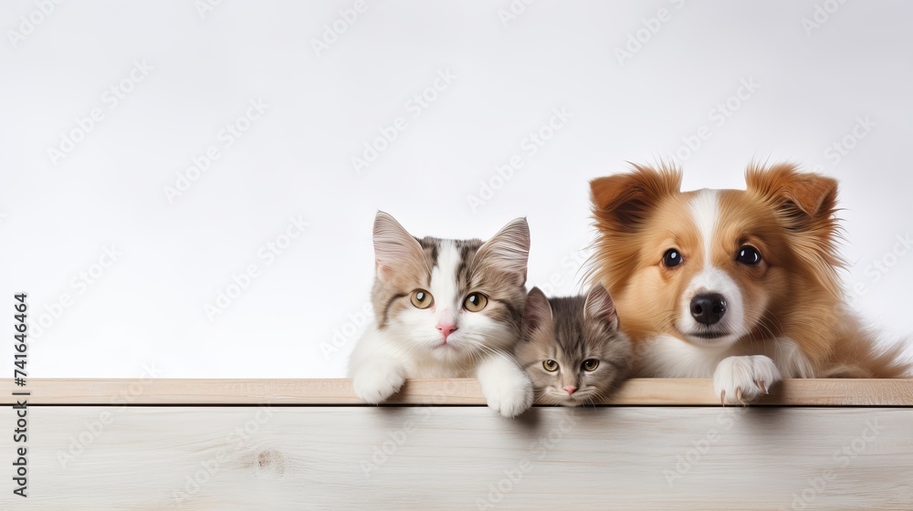 Pets sign for veterinary medicine and pet store or animal adoption advertising and marketing message with a cute dog hamster and a cat hanging on a horizontal white placard with copy space Pets sign for veterinary medicine and pet store or animal adoption advertising and marketing message with a cute dog hamster and a cat hanging on a horizontal white placard with copy space
