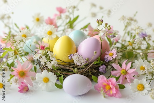 A centerpiece featuring a nest of pastel-colored Easter eggs surrounded by delicate spring flowers, set against a plain bright background