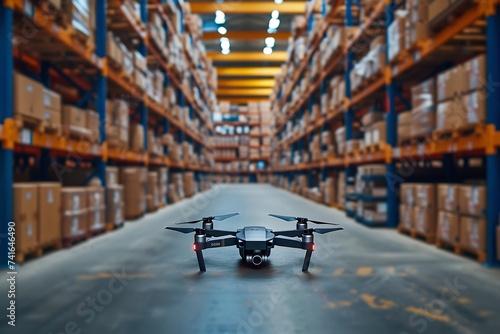 Monitor parcels with drones in the warehouse big copy. Ai generative