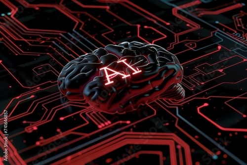 AI Brain Chip mental alertness. Artificial Intelligence brainwave driven interface mind healthcare analytics axon. Semiconductor breadth first search circuit board image sensors