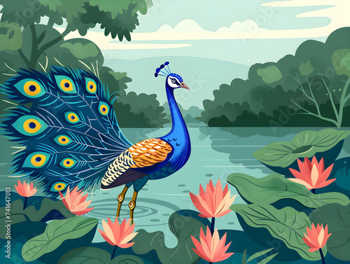 Majestic Peacock Displaying Vibrant Feathers in Serene Waters with Lush Flora - Concept of Natural Beauty, Grace, and Environmental Conservation