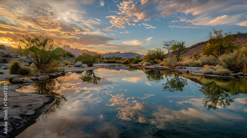 sunset on the river, Desert oasis with clear blue sky and a fiery sunset in the background © javed