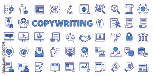 Copywriting icons in line design, blue. Copywriting, business, content, copy, copywriter, advertising, website isolated on white background vector. Copywriting editable stroke icons.