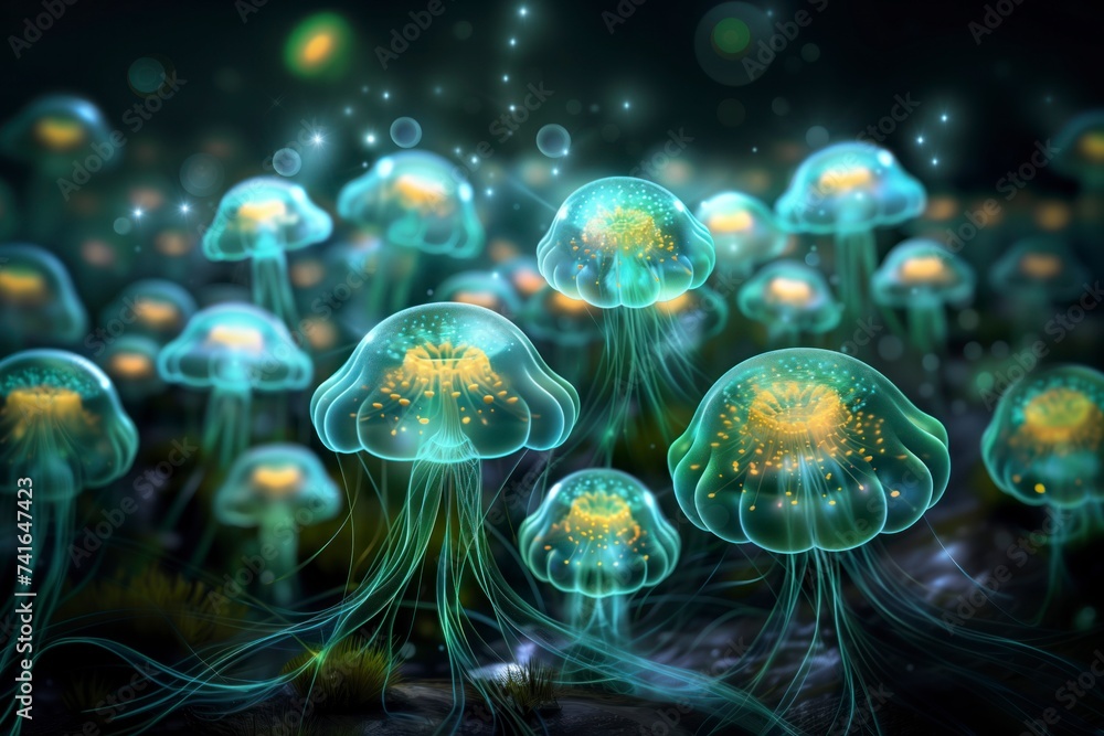 A mesmerizing display of bioluminescent coelenterates, gracefully ...