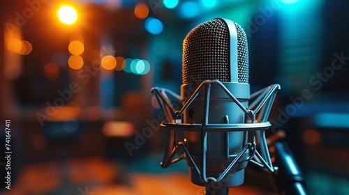 Modern professional microphone in recording studio. Ai generative photo