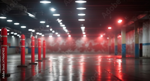Underground parking lot with red smoke and tube lights photo