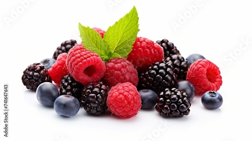 Sweet berries mix isolated on white background. Heap  of Ripe raspberry, strawberry  and blueberries, mint leaf. Macro, top view