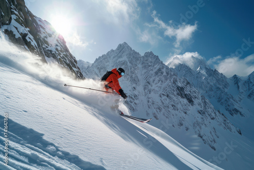 Skier in action on sunny day with mountain background. Winter sports and adventure.