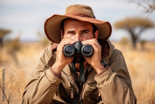 Hiker looking through binoculars in the Okavango Delta, Botswana photo