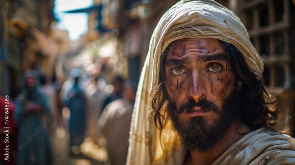 Portrait of a bearded man in the streets of Jerusalem. Biblical character.
