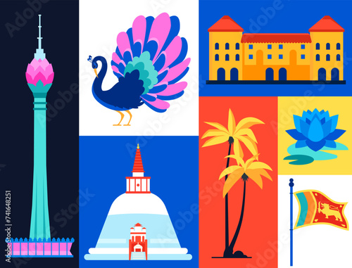 Attractions Sri Lanka - set of flat design style illustrations. Colored images of Colombo Lotus Tower, white Dagoba, historic fortress, palm tree, national flag, lotus flower, peacock and exotic idea