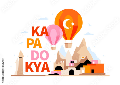 Hot Air Balloon Festival in Cappadocia - colored vector illustration with Valley of the Witch Trumpets. Entertainment for tourists, semi-desert mountain region in central Turkey. Summer vacation idea
