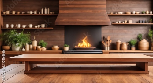 Empty beautiful wood tabletop with fireplace, brown theme © MochSjamsul