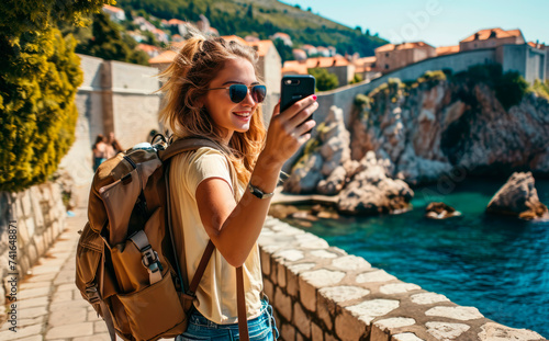 Adriatic Elegance: A Young Native Woman, Backpack-Clad and Radiantly Smiling, Takes a Selfie in Dubrovnik, Croatia, a UNESCO Heritage City, Immersed in Historic Splendor by the Adriatic Sea.

 photo