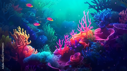 Colorful tropical coral reef with various marine species