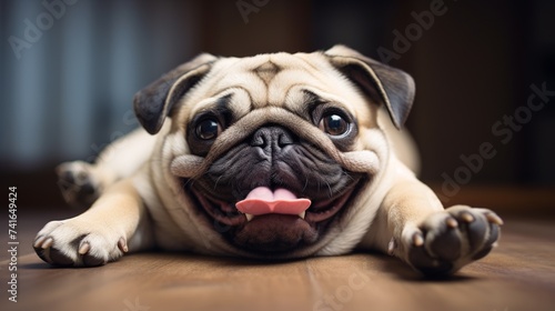 White fat lovely pug dog laying and rolling dancing on the floor making funny face and posture © Elchin Abilov